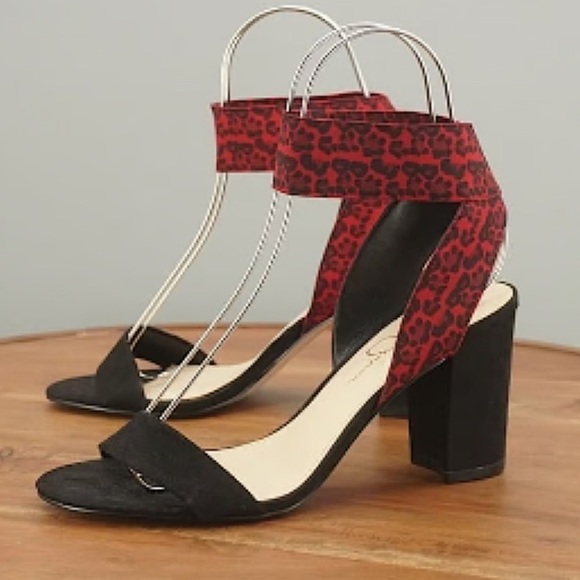 Jessica Simpson Black/Red Multi Sinista High Heel Sandal ankle straps women 8.5 - Picture 1 of 9